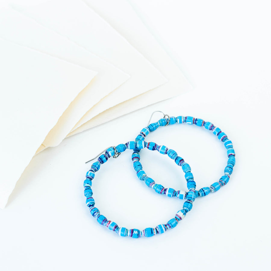 Recycled Paper Bead Hoops - Blue