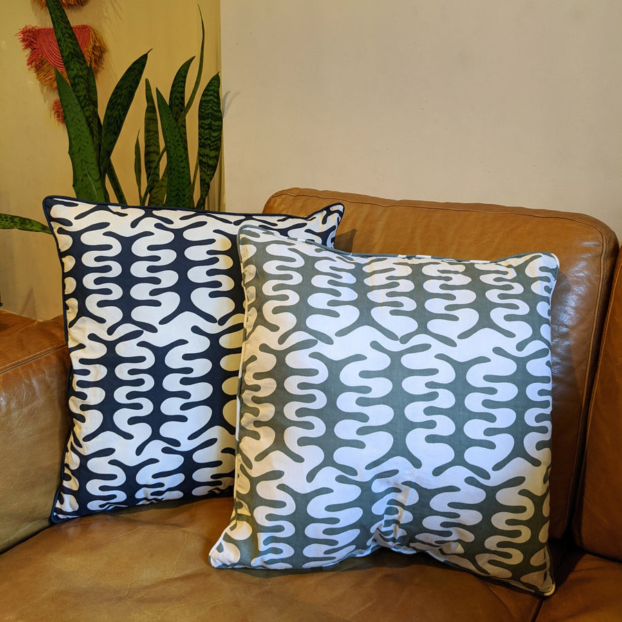 Fair trade cushion cover steel grey and navy blue