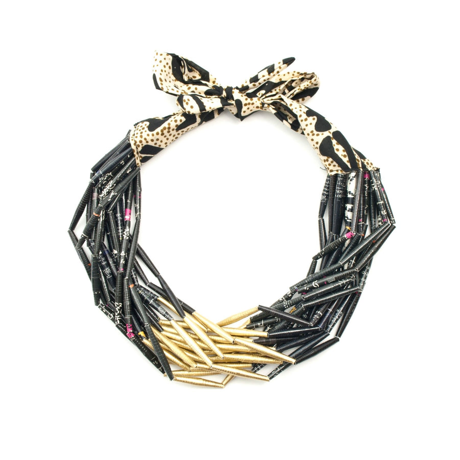 Fabric Bead Necklace - Black & Gold