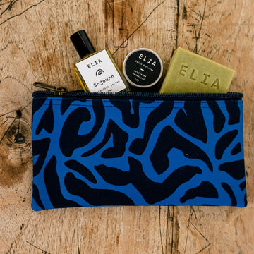 Fair Trade Zip Pouch Blue Leaf Design with Soap inside